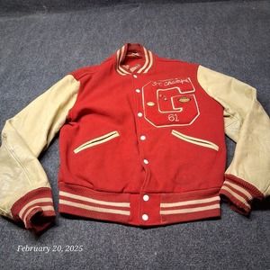 Vintage Rockabilly Wool Varisty‎ Bomber Jacket Men Size 42 Red 60s Champs Pins